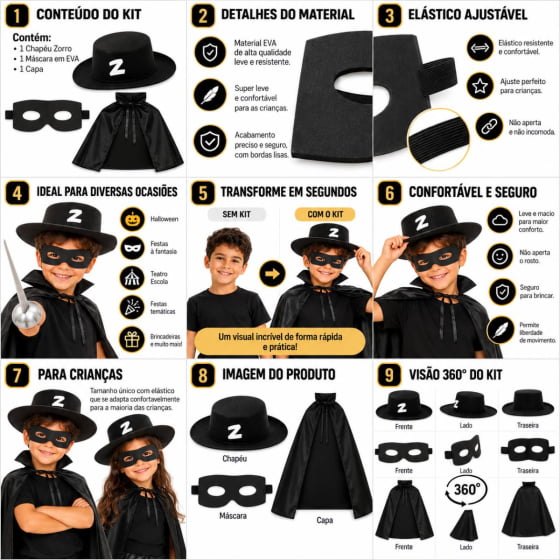 Kit Fantasia Zorro Infantil Crianças Com Chapéu Capa Máscara