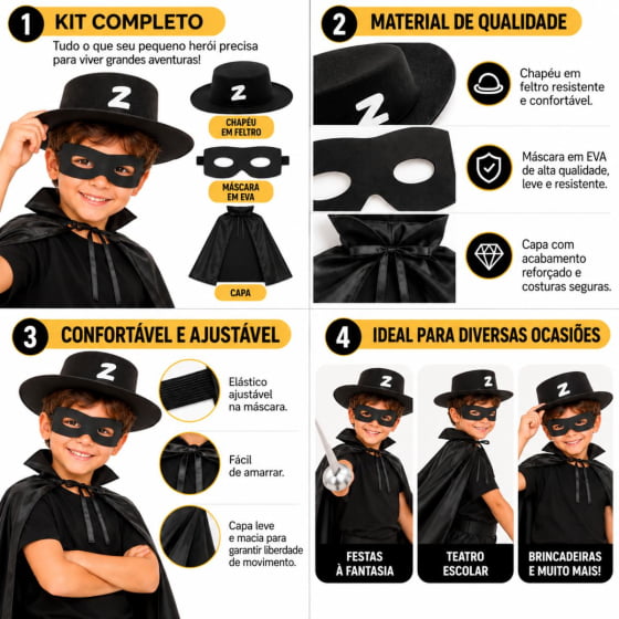 Kit Fantasia Zorro Infantil Crianças Com Chapéu Capa Máscara Kit Fantasia Zorro Infantil Crianças Com Chapéu Capa Máscara