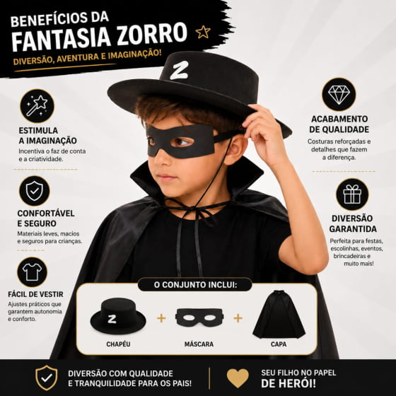 Kit Fantasia Zorro Infantil Crianças Com Chapéu Capa Máscara
