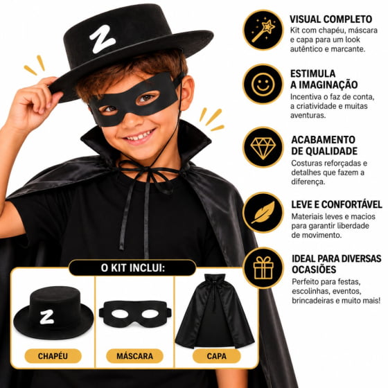 Kit Fantasia Zorro Infantil Crianças Com Chapéu Capa Máscara