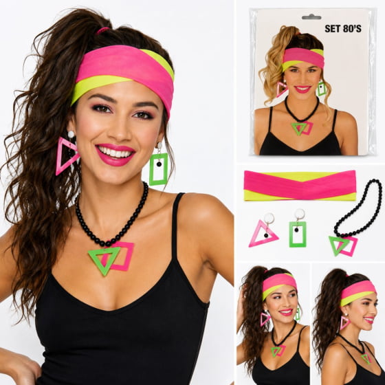Kit Set Fantasia Anos 80 (Colar + Brincos + Headband)