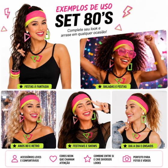 Kit Set Fantasia Anos 80 (Colar + Brincos + Headband)