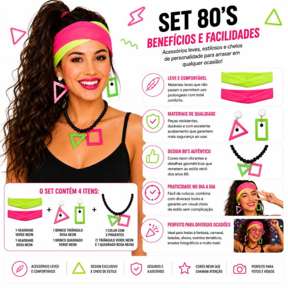 Kit Set Fantasia Anos 80 (Colar + Brincos + Headband)