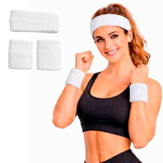 Kit Acessório de Cabeça HeadBand + Punhos para Academia Anos 80 Corrida ao ar livre