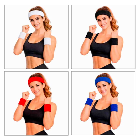 Kit Acessório de Cabeça HeadBand + Punhos para Academia Anos 80 Corrida ao ar livre