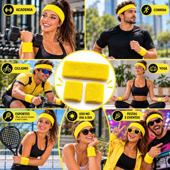 Kit Acessório de Cabeça HeadBand + Punhos para Academia Anos 80 Corrida ao ar livre