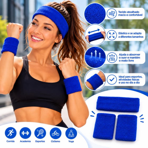 Kit Acessório de Cabeça HeadBand + Punhos para Academia Anos 80 Corrida ao ar livre