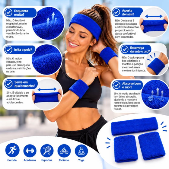 Kit Acessório de Cabeça HeadBand + Punhos para Academia Anos 80 Corrida ao ar livre
