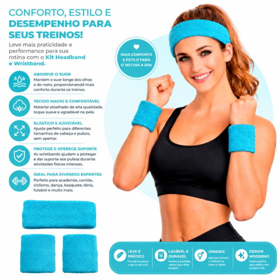 Kit Acessório de Cabeça HeadBand + Punhos para Academia Anos 80 Corrida ao ar livre
