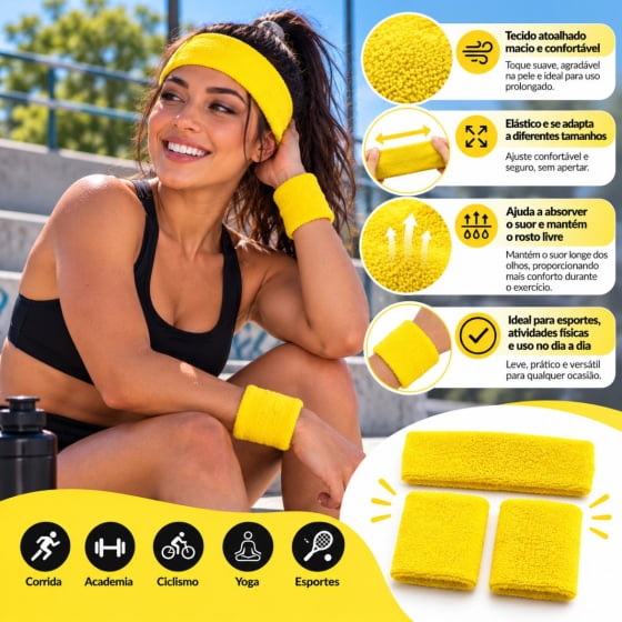 Kit Acessório de Cabeça HeadBand + Punhos para Academia Anos 80 Corrida ao ar livre