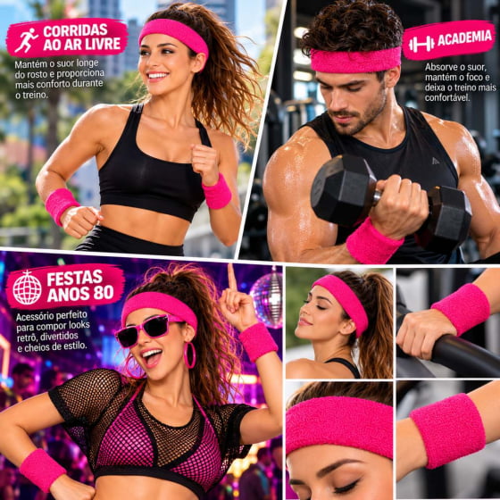 Kit Acessório de Cabeça HeadBand + Punhos para Academia Anos 80 Corrida ao ar livre