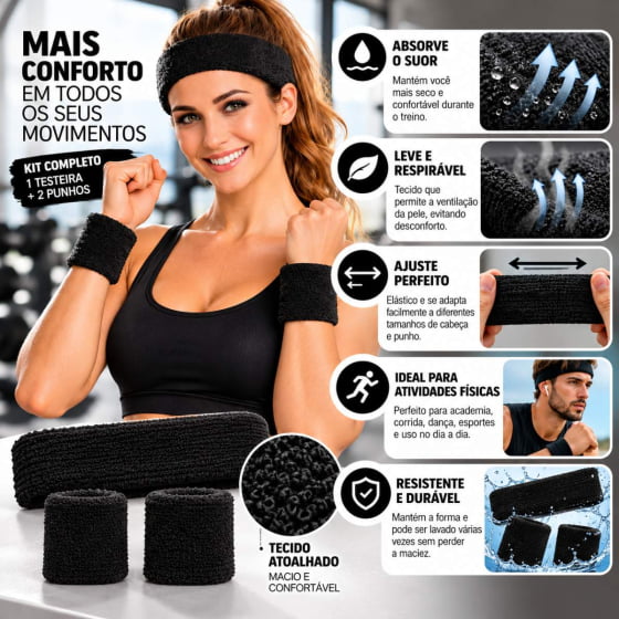 Kit Acessório de Cabeça HeadBand + Punhos para Academia Anos 80 Corrida ao ar livre