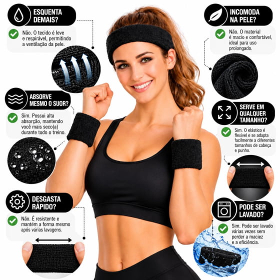 Kit Acessório de Cabeça HeadBand + Punhos para Academia Anos 80 Corrida ao ar livre