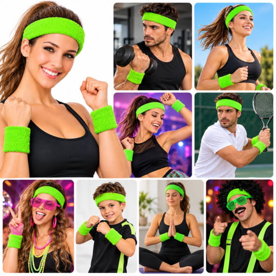 Kit Acessório de Cabeça HeadBand + Punhos para Academia Anos 80 Corrida ao ar livre