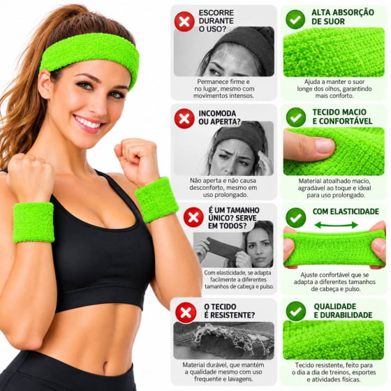 Kit Acessório de Cabeça HeadBand + Punhos para Academia Anos 80 Corrida ao ar livre