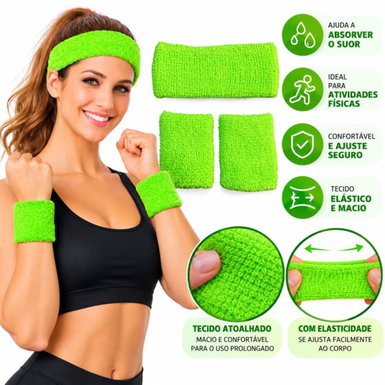 Kit Acessório de Cabeça HeadBand + Punhos para Academia Anos 80 Corrida ao ar livre