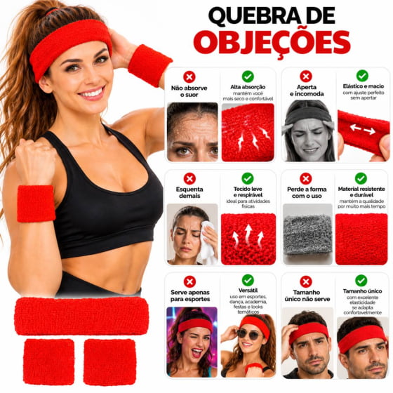 Kit Acessório de Cabeça HeadBand + Punhos para Academia Anos 80 Corrida ao ar livre