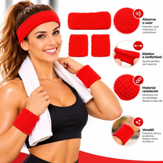 Kit Acessório de Cabeça HeadBand + Punhos para Academia Anos 80 Corrida ao ar livre