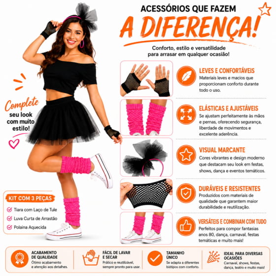 Kit Acessórios Fantasia Anos 80 Fantasia Festa Retrô Carnaval