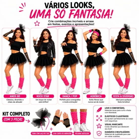 Kit Acessórios Fantasia Anos 80 Fantasia Festa Retrô Carnaval