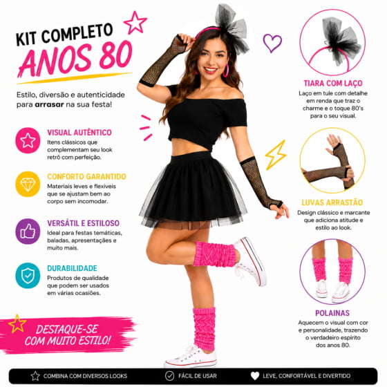 Kit Acessórios Fantasia Anos 80 Fantasia Festa Retrô Carnaval