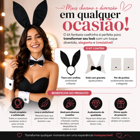Kit Acessórios Fantasia de Coelhinha Carnaval Cosplay
