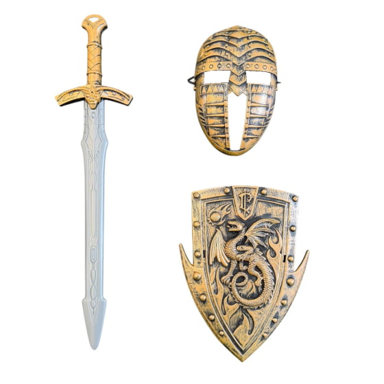 Kit Acessórios Guerreiro Medieval (Máscara + Espada + Escudo)