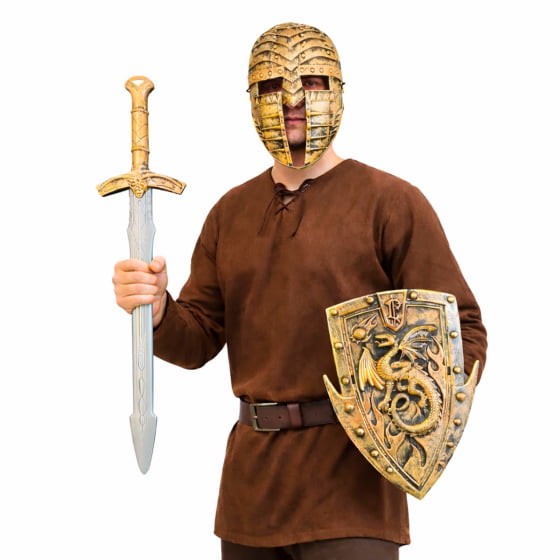 Kit Acessórios Guerreiro Medieval (Máscara + Espada + Escudo)