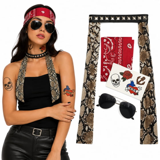 Kit Acessórios Rockeira (Óculos + Lenço + Tatuagem + Bandana + Colar) Kit Acessórios Rockeira (Óculos + Lenço + Tatuagem + Bandana + Colar)