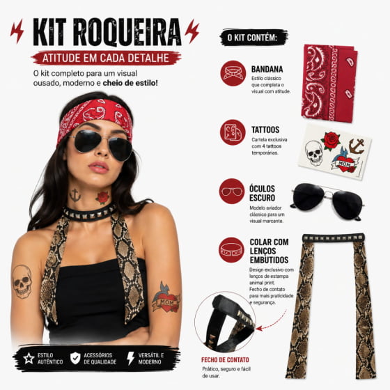 Kit Acessórios Rockeira (Óculos + Lenço + Tatuagem + Bandana + Colar) Kit Acessórios Rockeira (Óculos + Lenço + Tatuagem + Bandana + Colar)