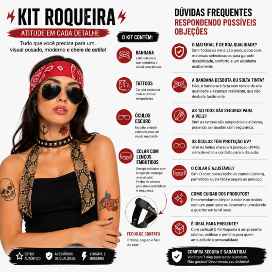 Kit Acessórios Rockeira (Óculos + Lenço + Tatuagem + Bandana + Colar)