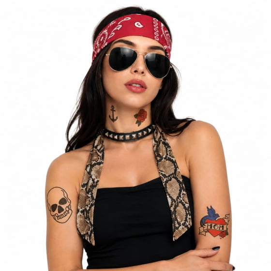Kit Acessórios Rockeira (Óculos + Lenço + Tatuagem + Bandana + Colar)