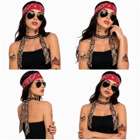 Kit Acessórios Rockeira (Óculos + Lenço + Tatuagem + Bandana + Colar)