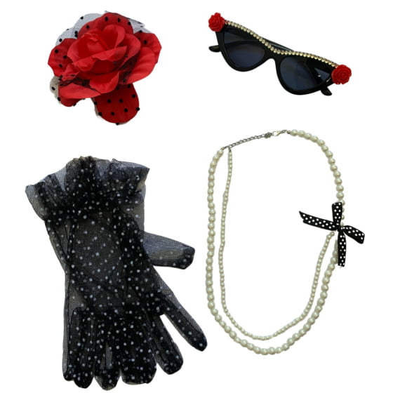 Kit Anos 50 (Luva de Renda + Colar + Óculos + Flor de Cabelo)