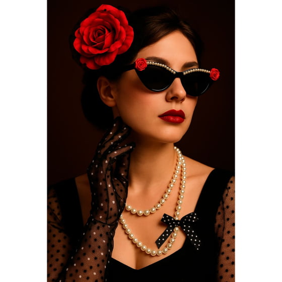 Kit Anos 50 (Luva de Renda + Colar + Óculos + Flor de Cabelo)