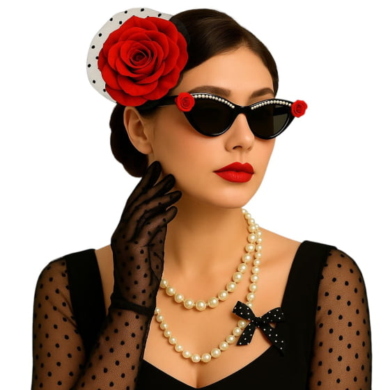 Kit Anos 50 (Luva de Renda + Colar + Óculos + Flor de Cabelo)