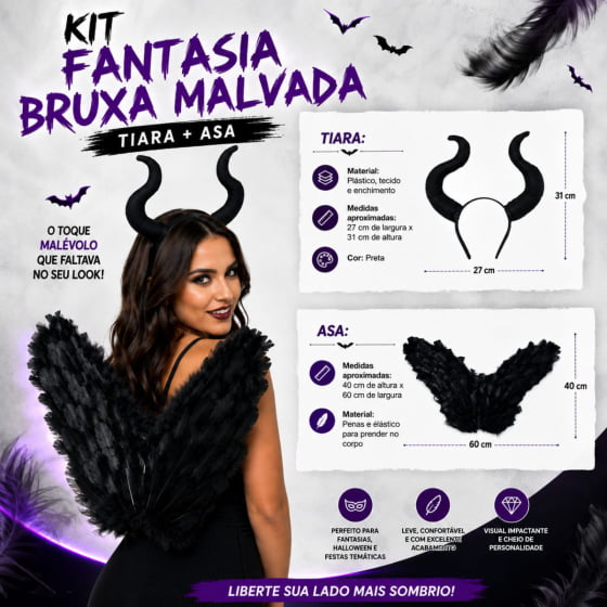 Kit Fantasia Bruxa Malvada Halloween Cosplay (Tiara + Asa)