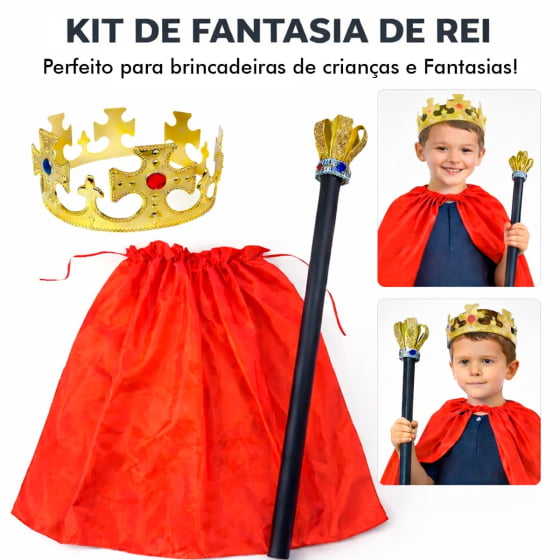 Kit Fantasia Rei Infantil (Coroa + Capa + Bastão De Rei)
