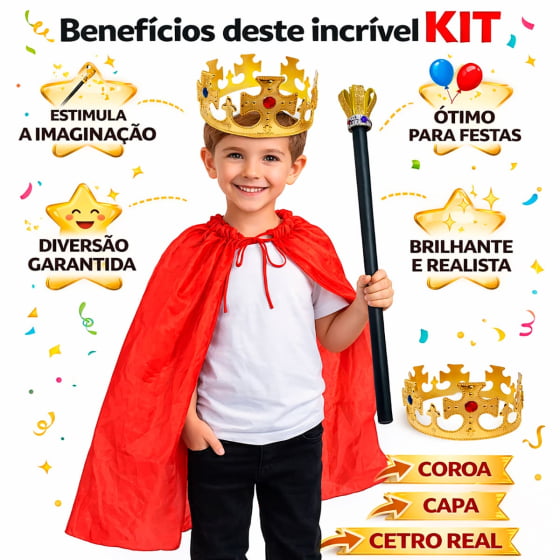 Kit Fantasia Rei Infantil (Coroa + Capa + Bastão De Rei) Kit Fantasia Rei Infantil (Coroa + Capa + Bastão De Rei)