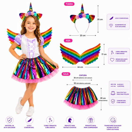Kit Fantasia Unicórnio Lame Infantil (Asa + Saia + Tiara)