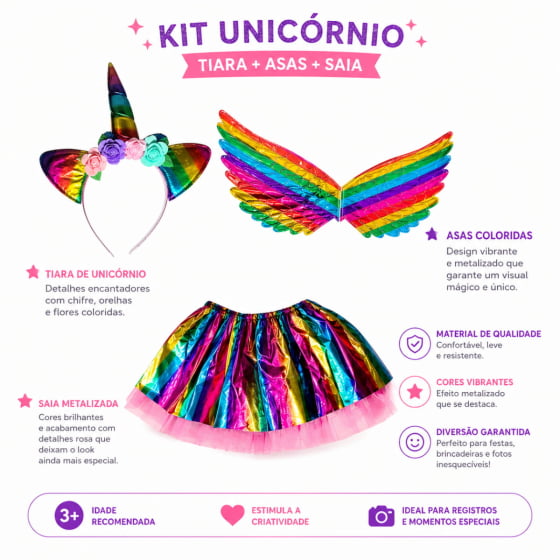 Kit Fantasia Unicórnio Lame Infantil (Asa + Saia + Tiara)