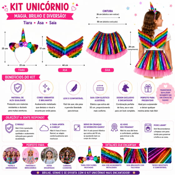 Kit Fantasia Unicórnio Lame Infantil (Asa + Saia + Tiara)