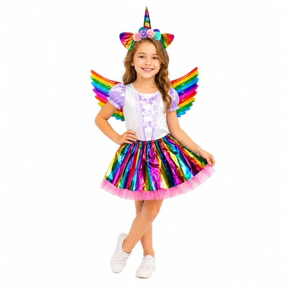 Kit Fantasia Unicórnio Lame Infantil (Asa + Saia + Tiara)