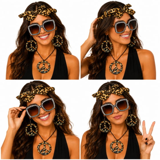 Kit Hippie Luxo Estampado (Óculos + Faixa + Colar + Brincos)