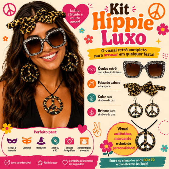 Kit Hippie Luxo Estampado (Óculos + Faixa + Colar + Brincos)