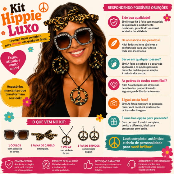 Kit Hippie Luxo Estampado (Óculos + Faixa + Colar + Brincos)