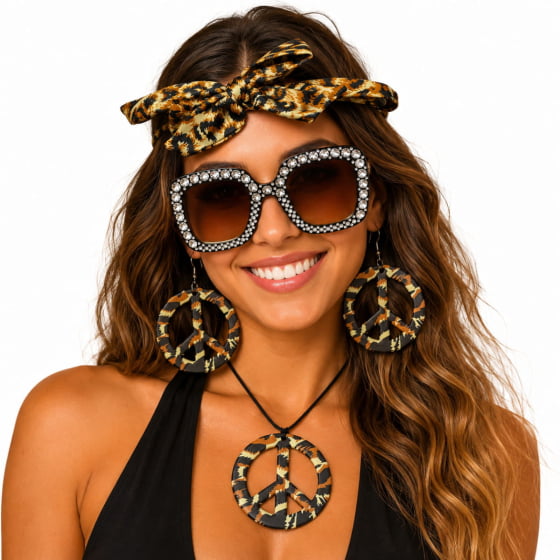 Kit Hippie Luxo Estampado (Óculos + Faixa + Colar + Brincos)