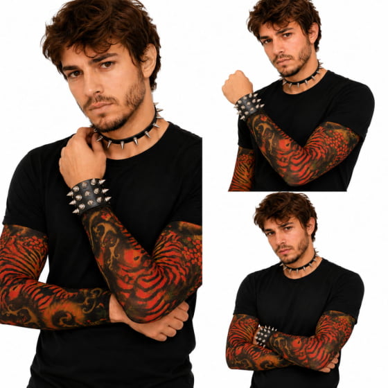 Kit Punk Rock (Bracelete + Gargantilha + Luva Tatuagem)