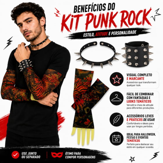 Kit Punk Rock (Bracelete + Gargantilha + Luva Tatuagem)
