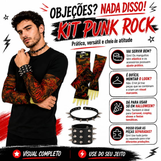 Kit Punk Rock (Bracelete + Gargantilha + Luva Tatuagem)